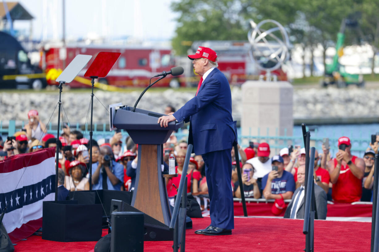 Republican presidential candidate former President Donald Trump speaks at a campaign event June 18, 2024, in Racine, Wis. Trump&rsquo;s proposal to exclude tips from federal taxes is getting strong reviews from some Republican lawmakers. But major questions remain about the impact of the policy and how it would work.