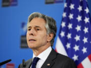 United States Secretary of State Antony Blinken speaks during a media conference after a meeting of NATO foreign ministers at the Czernin Palace, in Prague, Friday, May 31, 2024.