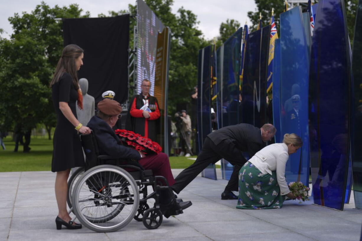 Britain&rsquo;s Prince Edward, and Britain&rsquo;s Princess Sophie, the Duke and Duchess of Edinburgh, lay a wreath during the Royal British Legion&rsquo;s service of remembrance at the National Memorial Arboretum in Alrewas, Staffordshire, England, on the 80th anniversary of the D-Day landings, Thursday June 6, 2024.