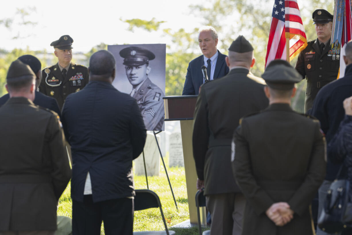 Sen. Chris Van Hollen, D-Md., speaks during a medal ceremony for Cpl. Waverly B. Woodson Jr., at Arlington National Cemetery on Oct. 11, 2023, in Arlington, Va. Woodson is being posthumously awarded the Distinguished Service Cross, it was announced Monday.