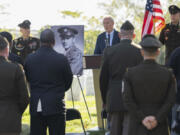 Sen. Chris Van Hollen, D-Md., speaks during a medal ceremony for Cpl. Waverly B. Woodson Jr., at Arlington National Cemetery on Oct. 11, 2023, in Arlington, Va. Woodson is being posthumously awarded the Distinguished Service Cross, it was announced Monday.