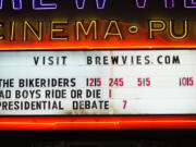 The presidential debate is displayed on the marquee of Brewvies Cinema Pub in advance of the debate between President Joe Biden and Republican presidential candidate former President Donald Trump, Wednesday, June 26, 2024, in Salt Lake City.