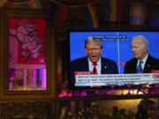 President Joe Biden, right, and Republican presidential candidate former President Donald Trump, left, are seen on a television at Tillie&#039;s Lounge during the presidential debate on Thursday, June 27, 2024, in Cincinnati. For many voters in the U.S., there&#039;s despair in the air after the presidential debate this past week.