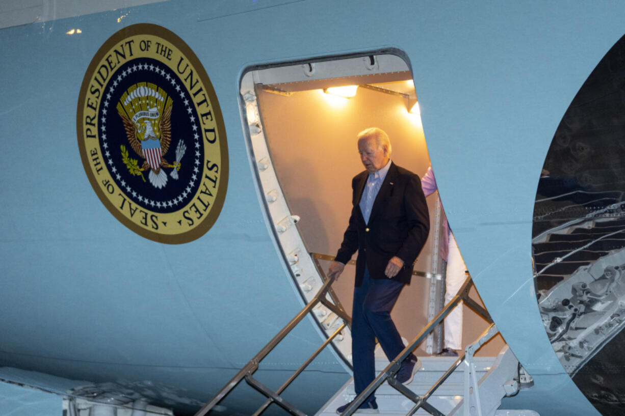 President Joe Biden arrives on Air Force One, Sunday, June 16, 2024, at Andrews Air Force Base, Md. Biden is returning from a fundraiser in Los Angeles.