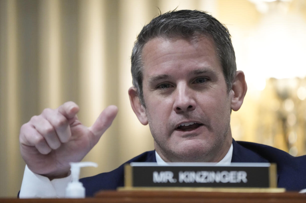 FILE -Rep. Adam Kinzinger, R-Ill., speaks as the House select committee investigating the Jan. 6 attack on the U.S. Capitol holds its final meeting on Capitol Hill in Washington, Dec. 19, 2022. Kinzinger, former congressman, endorsed President Joe Biden on Wednesday, giving the Democrat a prominent new ally in his high-stakes campaign to win over moderate Republicans and independents this fall.