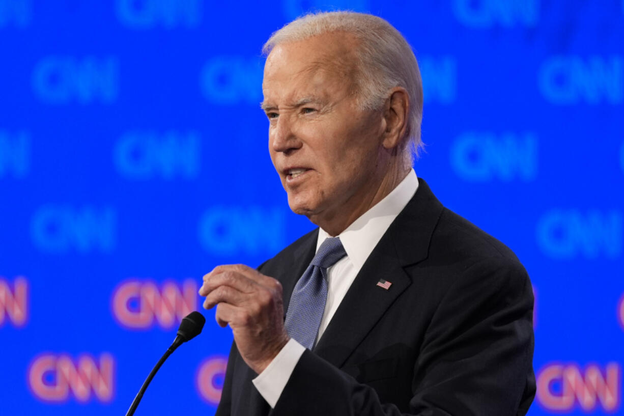 President Joe Biden speaks during a presidential debate hosted by CNN with Republican presidential candidate former President Donald Trump, Thursday, June 27, 2024, in Atlanta.