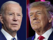 FILE - In this combination of photos, President Joe Biden speaks on Aug. 10, 2023, in Salt Lake City, from left, former President Donald Trump speaks on July 8, 2023, in Las Vegas.