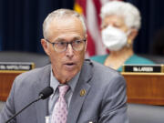 FILE - Rep. Jared Huffman, D-Calif., speaks as the House Committee on Transportation and Infrastructure works to advance the Water Resources Development Act of 2022, on Capitol Hill in Washington, May 18, 2022. A group of House Democrats is warning about the far-right Project 2025 agenda for a Trump White House. The Stop Project 2025 Task Force is announced by Huffman.