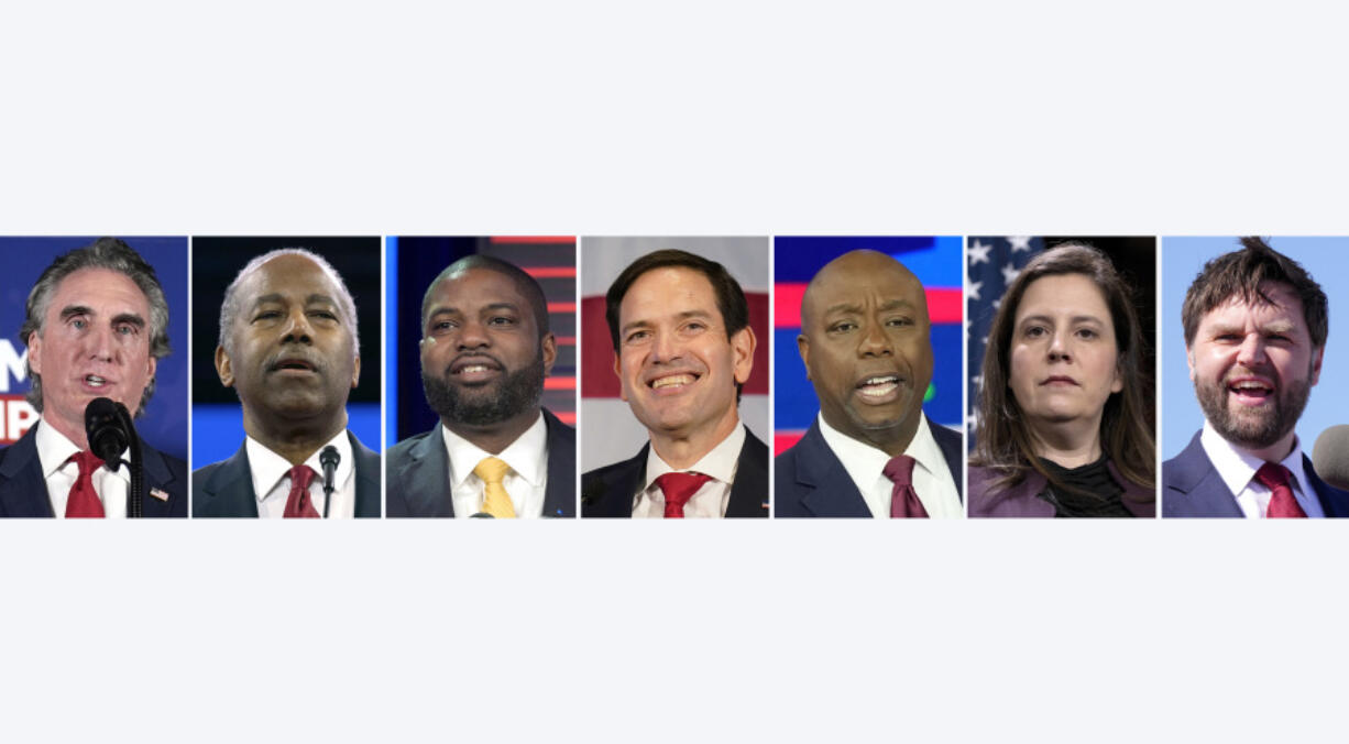 This combination photo shows the shortlist of vice presidential contenders former President Donald Trump has selected as he prepares to announce his pick in the days before, or perhaps at, next month&rsquo;s Republican National Convention. Pictured from left are North Dakota Gov. Doug Burgum, Ben Carson, former U.S. Secretary of Housing and Urban Development, Rep. Byron Donalds, R-Fla., Sen. Marco Rubio, R-Fla., Sen. Tim Scott, R-S.C., Rep. Elise Stefanik, R-N.Y., and Sen. J.D. Vance, R-Ohio.