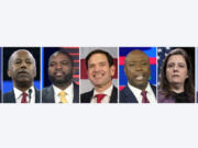 This combination photo shows the shortlist of vice presidential contenders former President Donald Trump has selected as he prepares to announce his pick in the days before, or perhaps at, next month&rsquo;s Republican National Convention. Pictured from left are North Dakota Gov. Doug Burgum, Ben Carson, former U.S. Secretary of Housing and Urban Development, Rep. Byron Donalds, R-Fla., Sen. Marco Rubio, R-Fla., Sen. Tim Scott, R-S.C., Rep. Elise Stefanik, R-N.Y., and Sen. J.D. Vance, R-Ohio.