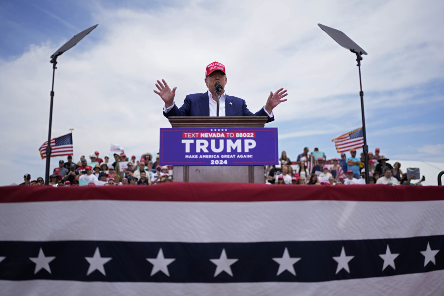 Republican presidential candidate, former President Donald Trump speaks at a campaign rally Sunday, June 9, 2024, in Las Vegas.