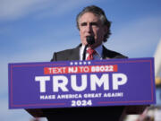 FILE - North Dakota Gov. Doug Burgum speaks during a rally in Wildwood, N.J., May 11, 2024. Burgum is one of Donald Trump&rsquo;s most visible and vocal backers,  sprinting around the country to drum up support while auditioning to be his running mate. Meanwhile, Burgum is wrestling with a mammoth carbon dioxide pipeline project in his home state. The $5.5 billion venture has split North Dakota and left him straddling an awkward political divide as Trump and President Joe Biden offer voters starkly different visions of America.