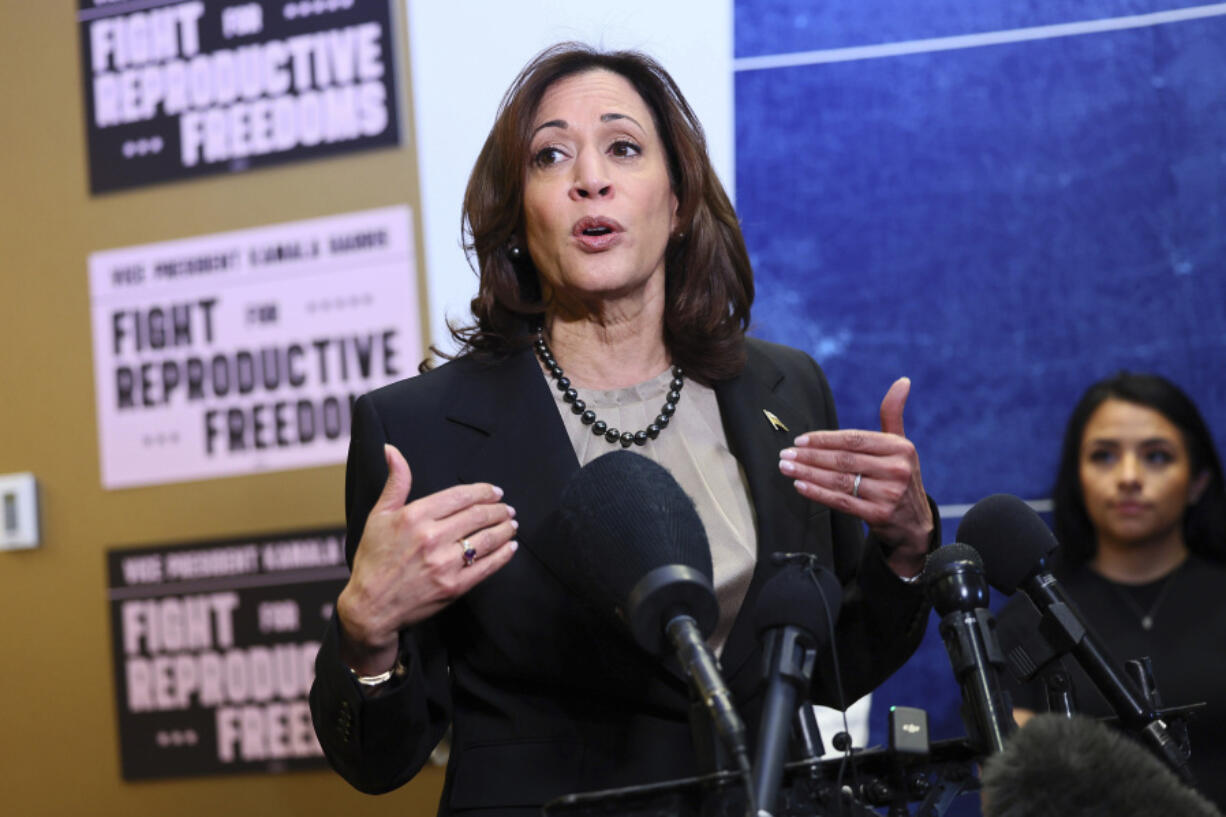 FILE - Vice President Kamala Harris speaks at Planned Parenthood, March. 14, 2024, in St. Paul, Minn. Harris says &quot;everything is at stake&quot; with reproductive health rights in November&#039;s presidential election. Harris&#039; statements from segments of an MSNBC interview that aired Sunday, June 23, comes as the Biden campaign steps up its focus on contrasting Joe Biden and Donald Trump&#039;s positions on the issue ahead of this Thursday&#039;s presidential debate.