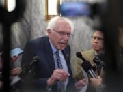 Sen. Bernie Sanders, I-Vt., speaks to reporters about his support for New York Democrat Rep. Jamaal Bowman in a contested primary next week and the influence of big money SuperPACs, at the Capitol in Washington, Thursday, June 20, 2024. (AP Photo/J.