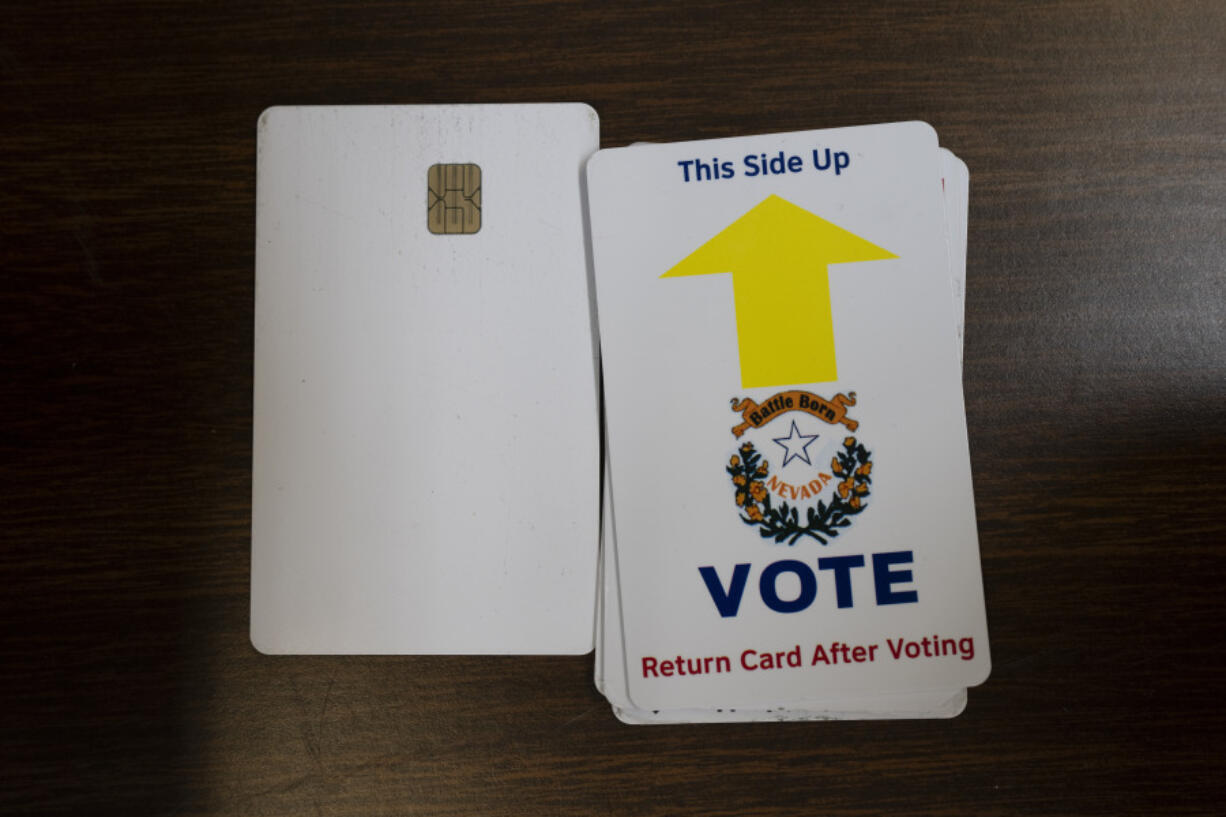 Cards to be used with voting equipment are seen in a secure room in Mineral County clerk-treasurer&rsquo;s office in Hawthorne, Nev., Monday, May 13, 2024. The use of electronic balloting has been quietly expanding in recent years to cover the disabled and, in Nevada this year, Native American tribes. Election security experts are warning of the risk that ballots submitted on a computer can be digitally intercepted or manipulated.