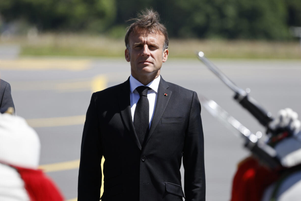 French President Emmanuel Macron attends a WWII in Oradour-sur-Glane, southwestern France, Monday, June 10, 2024. French President Emmanuel Macron called snap legislative elections, saying he could not ignore the new political reality after his pro-European party was handed a chastening defeat and projected to garner less than half the support of Marine Le Pen&rsquo;s National Rally.