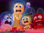 This image released by Disney/Pixar shows, from left, Sadness, voiced by Phyllis Smith, Joy, voiced by Amy Poehler, Disgust, voiced by Liza Lapira, Fear, voiced by Tony Hale and Anger, voiced by Lewis Black, in a scene from &ldquo;Inside Out 2.&rdquo; (Disney/Pixar via AP)