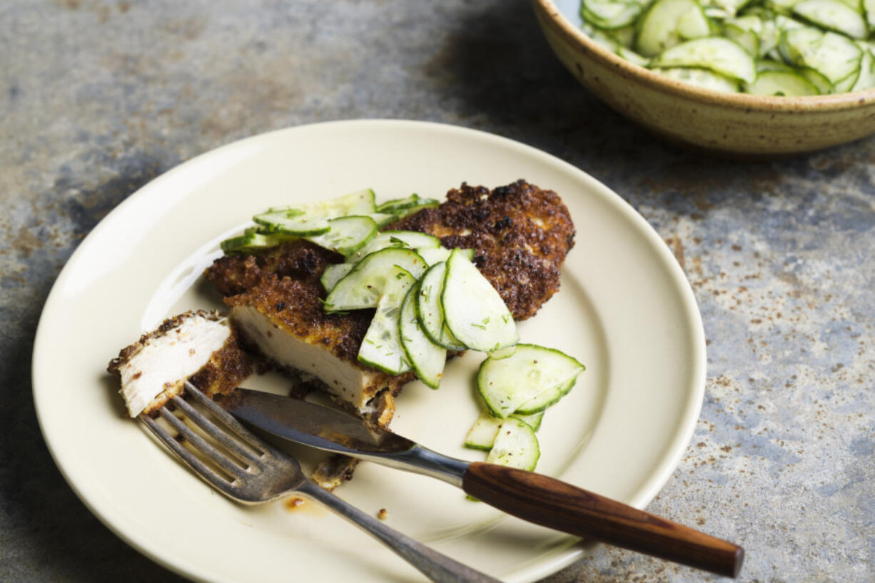 Fried Dijon chicken with a cucumber dill salad.