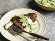 Fried Dijon chicken with a cucumber dill salad.