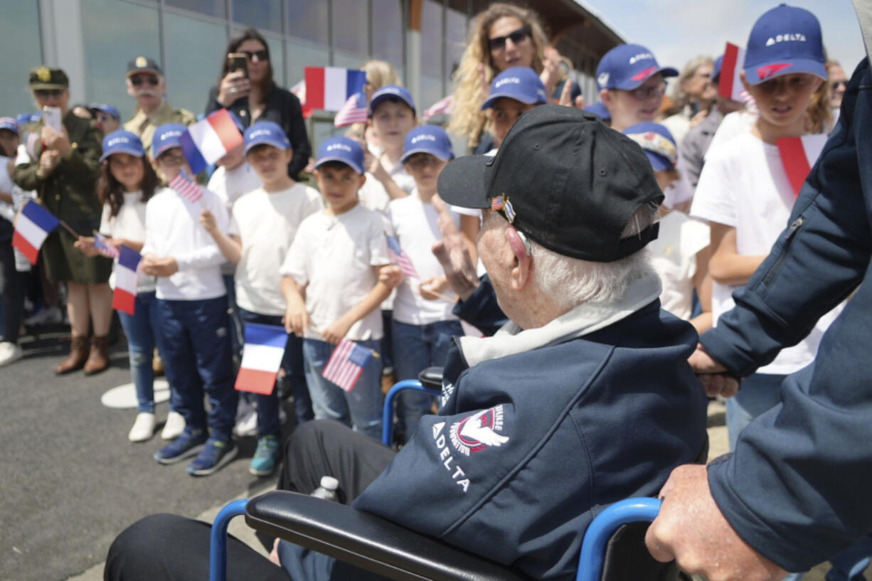 American D-Day veterans arrive at Deauville airport, Monday, June 3, 2024 in Deauville, Normandy to attend D-Day 80th anniversary commemorations.