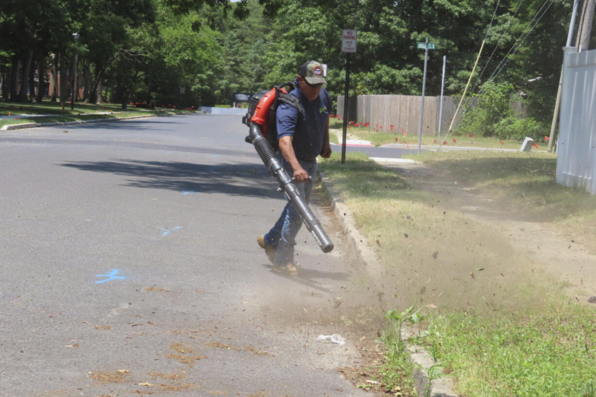 Antonio Espinoza, a supervisor with the Gras Lawn landscaping company, uses a gasoline-powered leaf blower to clean up around a housing development Tuesday in Brick, N.J. New Jersey is one of many states either considering or already having banned gasoline-powered leaf blowers on environmental and health grounds.