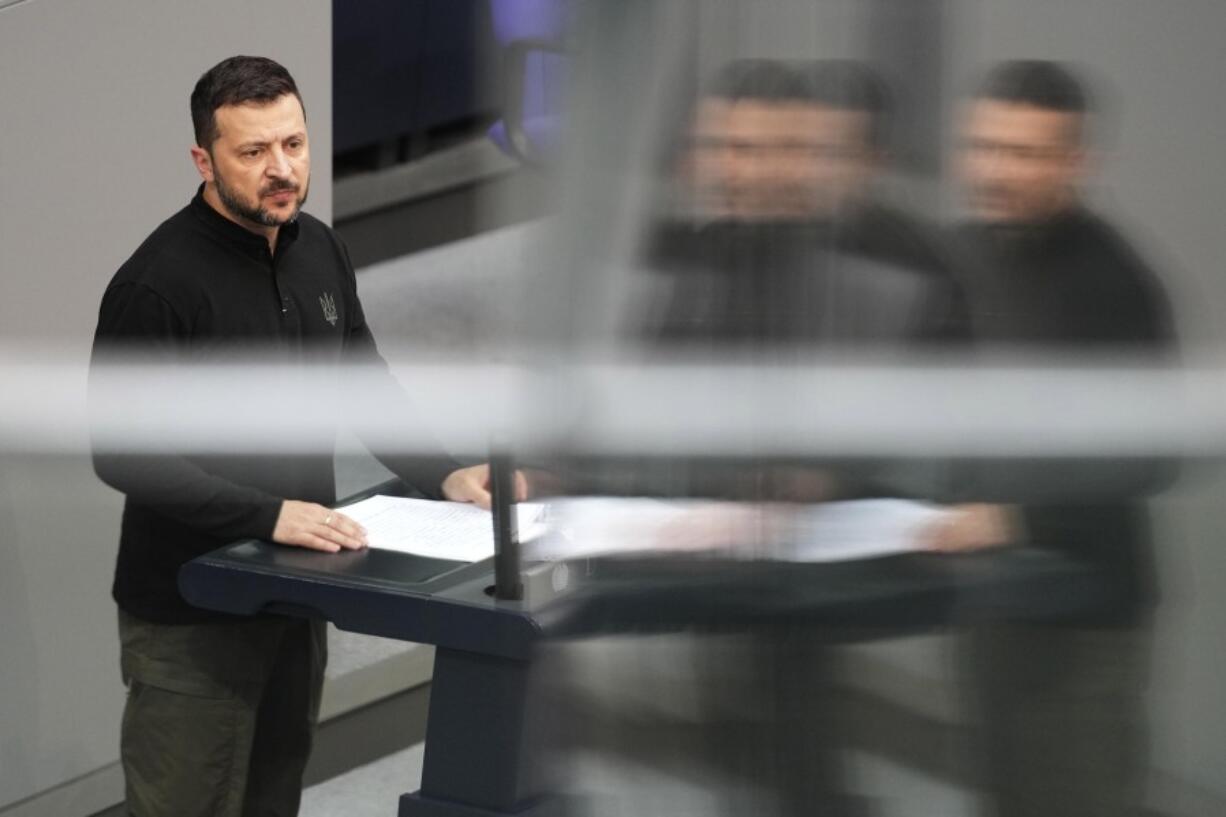 Ukraine President Volodymyr Zelenskyy delivers a speech at the German parliament Bundestag at the Reichstag Building in Berlin, Germany, Tuesday, June 11, 2024. Germany is hosting a conference to gather support for Ukraine&rsquo;s recovery from the destruction wreaked by Russia&rsquo;s war, sending a new signal of solidarity with Kyiv at the start of a week of intense diplomacy.