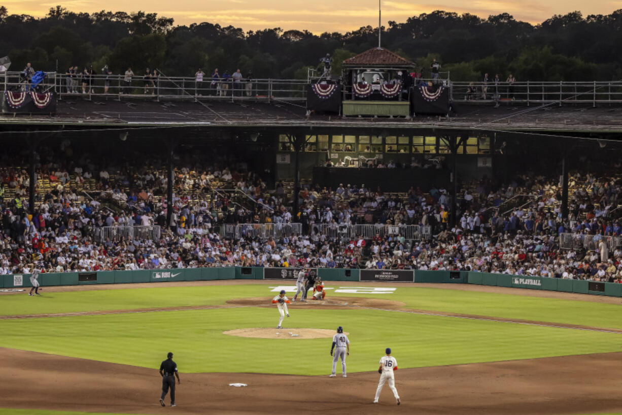 A packed Rickwood Field in Birmingham, Ala., watches the San Francisco Giants and the St.