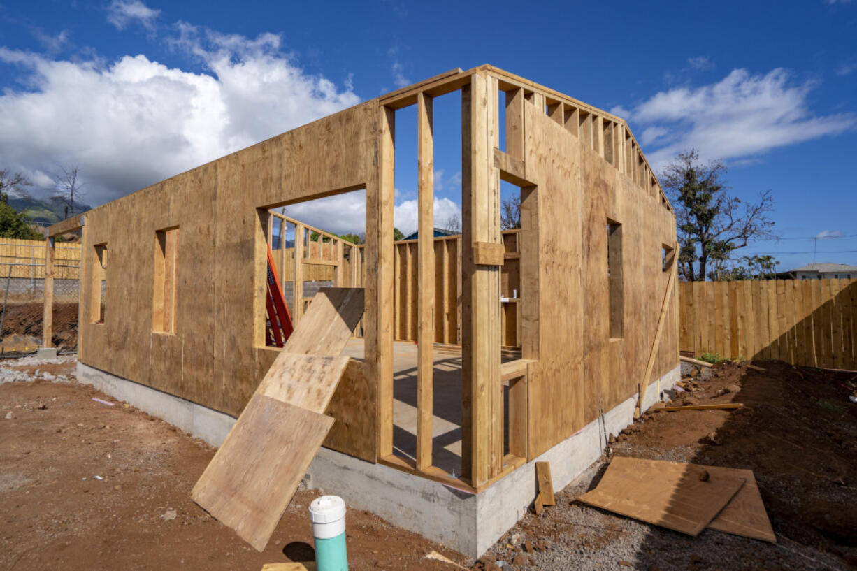 Construction on Gene Milne&rsquo;s property is seen during a media tour Wednesday, June 26, 2024, in Lahaina, Hawaii. Milne lost his newly built home in last year&rsquo;s wildfire. His is the first to start construction because his previous home was not yet fully completed and had open permits. When he evacuated, he was living in an accessory dwelling, known locally as an &ldquo;ohana unit,&rdquo; borrowing the Hawaiian word for family. The main home was about 70% done.