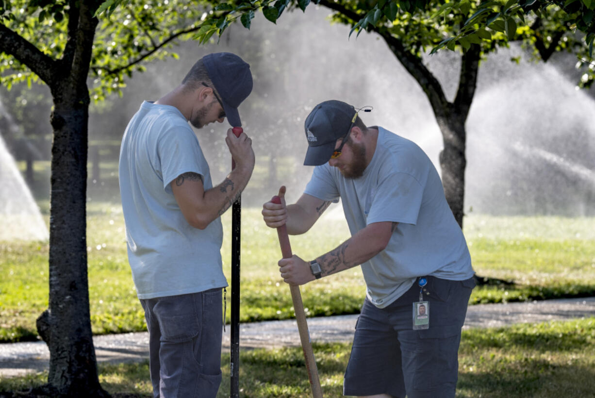 Workmen with the Architect of the Capitol office, perform maintenance on the irrigation system in a park near the Senate, at the Capitol in Washington, Tuesday, June 18, 2024. Extreme heat is expected to break records for tens of millions of people in the United States this week. (AP Photo/J.