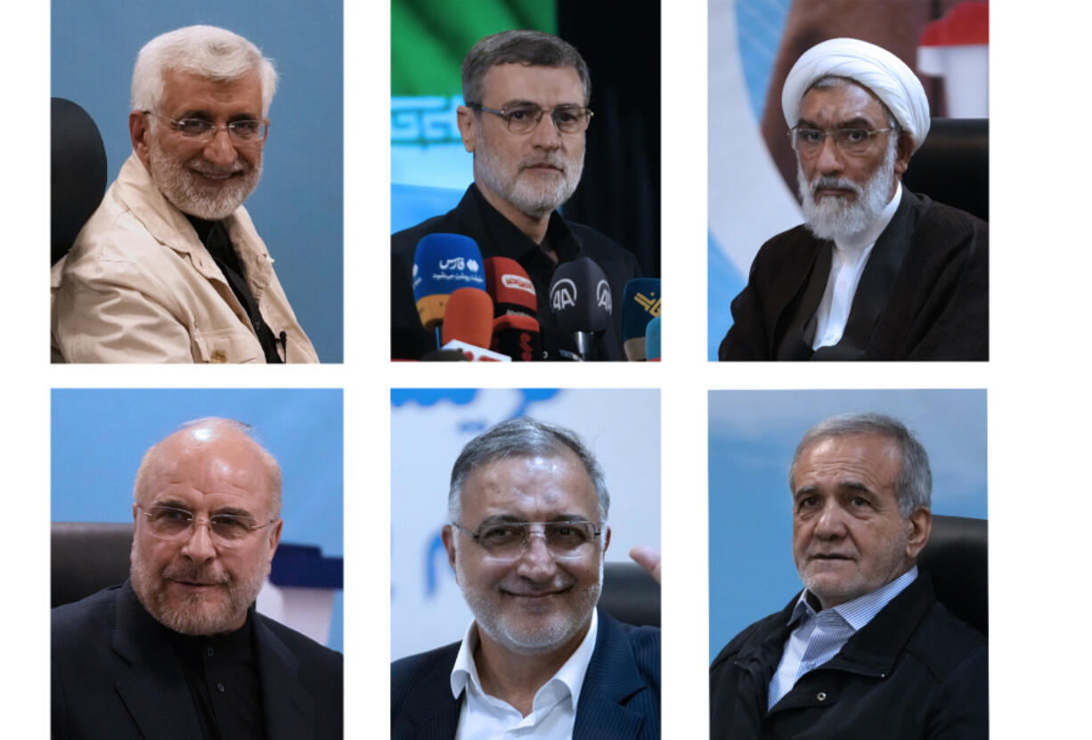 This combination of photos shows Iranian June 28, presidential candidates Mostafa Pourmohammadi, a former Minister of Justice, top right, Amirhossein Ghazizadeh Hashemi, the late President Raisi&#039;s Vice-President, top center, Saeed Jalili, former senior nuclear negotiator, top left, Masoud Pezeshkian, lawmaker and a former Health Minister, bottom right, Alireza Zakani, Tehran Mayor, bottom center, and Mohammad Bagher Qalibaf, Parliament Speaker, while registering their names at the Interior Ministry as a candidate, in Tehran, Iran. Iran&#039;s Guardian Council on Sunday, June 9, 2024, approved six candidates to run in the country&#039;s presidential election following a helicopter crash that killed President Ebrahim Raisi.