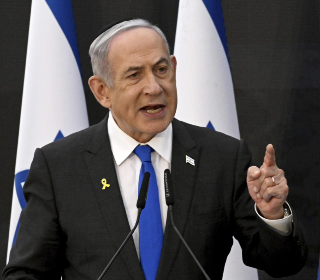 FILE - Israeli Prime Minister Benjamin Netanyahu speaks at a ceremony for the &#039;Remembrance Day for the Fallen of Israel&#039;s Wars and Victims of Terrorism&#039; at Yad LeBanim in Jerusalem, Israel, Sunday, May 12, 2024. The cease-fire proposal announced by President Joe Biden has placed Prime Minister Netanyahu at a crossroads, with either path likely to shape the legacy of Israel&rsquo;s longest-serving and deeply divisive leader.