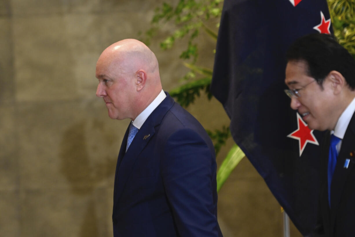 New Zealand Prime Minister Christopher Luxon, left, and Japan Prime Minister Fumio Kishida prepare to attend a bilateral meeting at Kishida&#039;s office in Tokyo Wednesday, June 19, 2024.