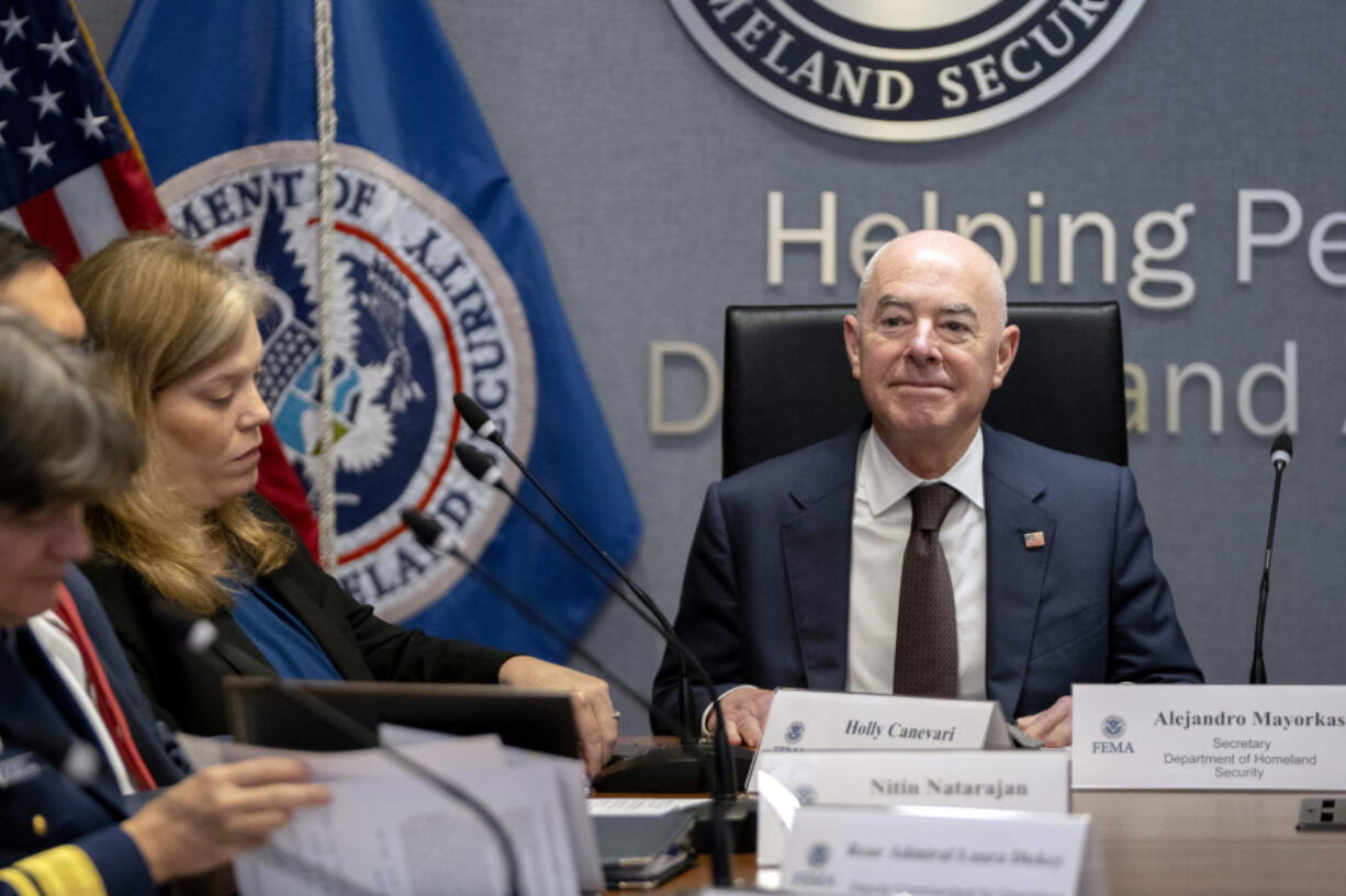 Homeland Security Secretary Alejandro Mayorkas attends a briefing on the 2024 hurricane and wildfire outlook Friday at the headquarters of the Federal Emergency Management Agency in Washington.