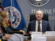 Homeland Security Secretary Alejandro Mayorkas attends a briefing on the 2024 hurricane and wildfire outlook Friday at the headquarters of the Federal Emergency Management Agency in Washington.
