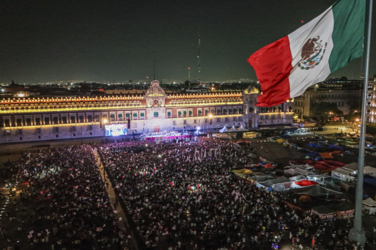 President-elect Claudia Sheinbaum addresses supporters at the Zocalo, Mexico City&rsquo;s main square, after the National Electoral Institute announced she held an irreversible lead in the election, early Monday, June 3, 2024.