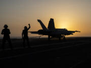 A fighter jet lands on the USS Dwight D. Eisenhower, also known as &ldquo;IKE,&rdquo; in the Red Sea on Tuesday, June 11, 2024. The U.S.-led campaign against Iran-backed Houthi rebels has turned into the most intense running sea battle the Navy has faced since World War II. That&rsquo;s what its leaders and experts tell The Associated Press, whose journalists visited U.S. ships off Yemen in recent days.