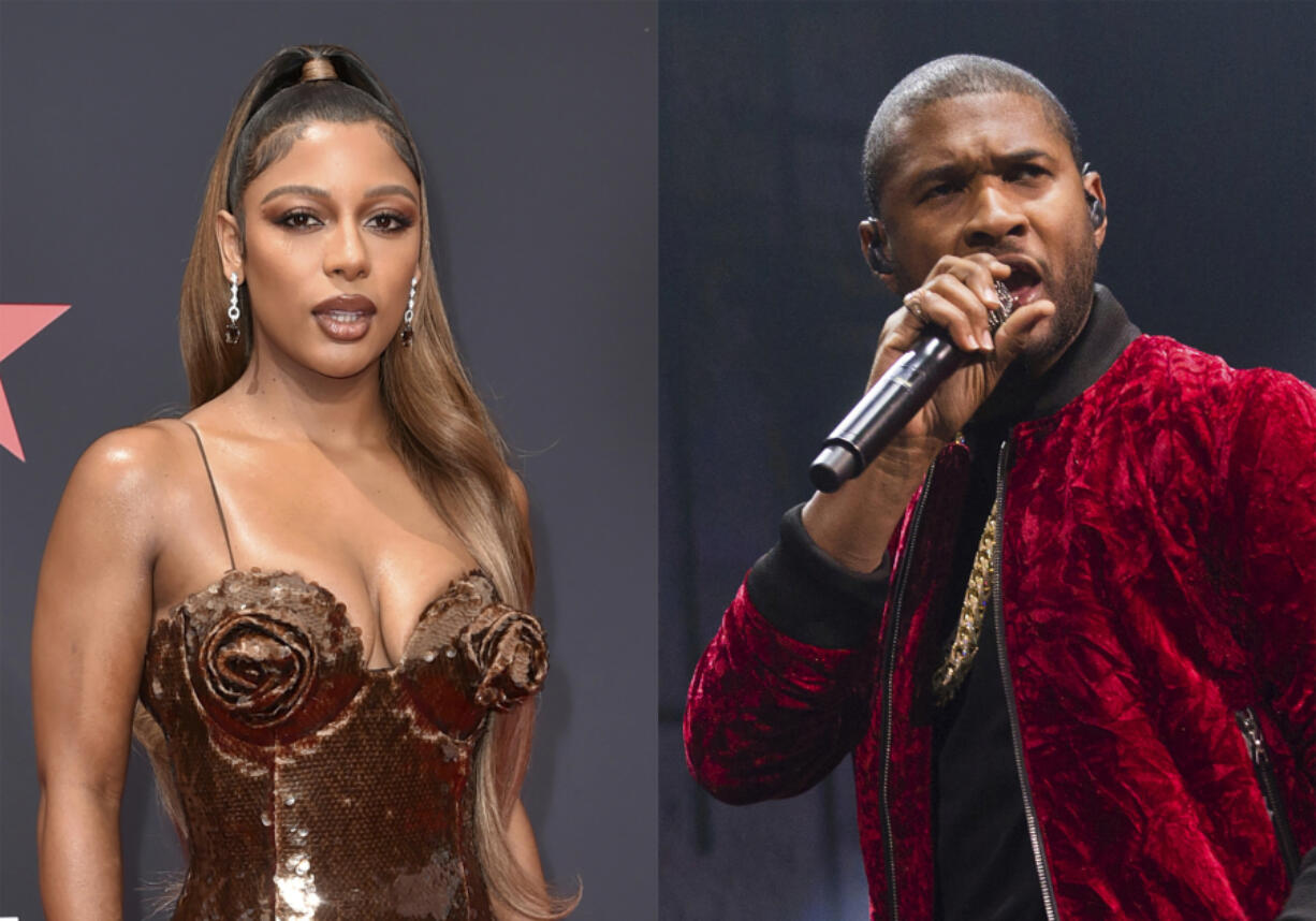 This combination of photos shows Victoria Monet at the BET Awards in Los Angeles on June 26, 2022, left, and Usher performs at Power 105.1&rsquo;s Powerhouse 2016 at Barclays Center in New York on Oct. 27, 2016.