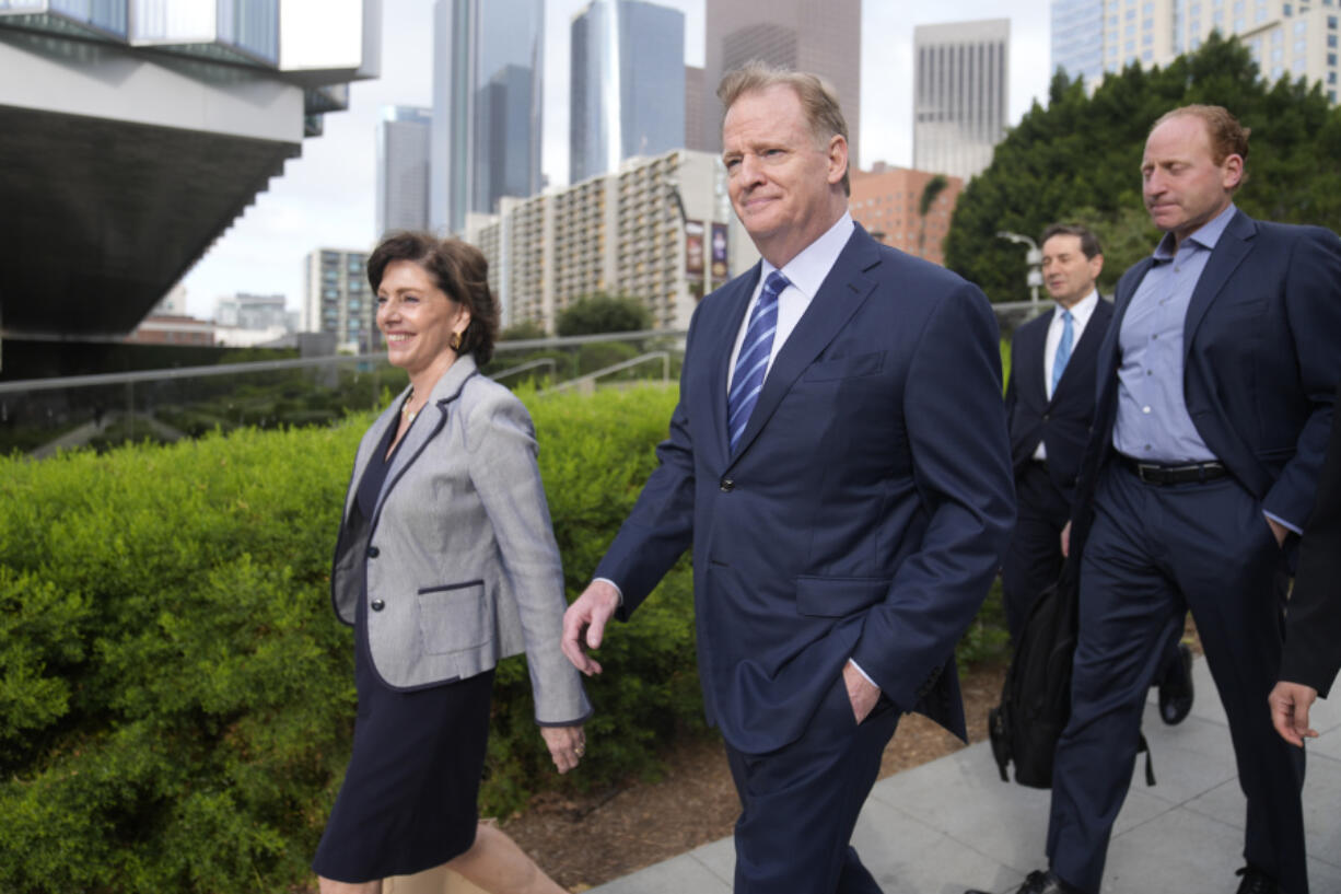 NFL Commissioner Roger Goodell arrives at federal court Monday, June 17, 2024, in Los Angeles. Goodell is expected to testify as a class-action lawsuit filed by &ldquo;Sunday Ticket&rdquo; subscribers claiming the NFL broke antitrust laws.