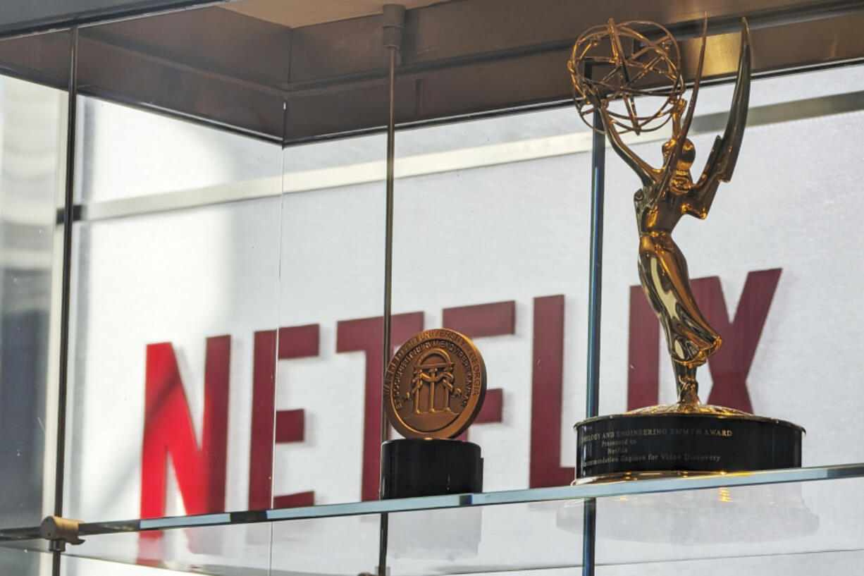 Awards, including an Emmy, are displayed at Netflix headquarters Los Gatos, Calif. on March 7, 2024. Netflix wins awards for its shows like a Hollywood studio, but still relies on the sophisticated technology of a Silicon Valley company to reel in viewers and subscribers.