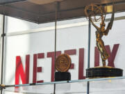 Awards, including an Emmy, are displayed at Netflix headquarters Los Gatos, Calif. on March 7, 2024. Netflix wins awards for its shows like a Hollywood studio, but still relies on the sophisticated technology of a Silicon Valley company to reel in viewers and subscribers.