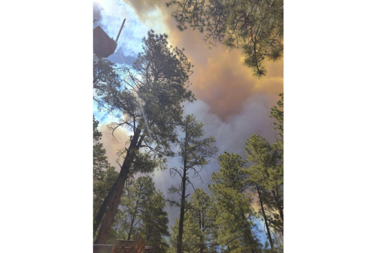 Smoke from a wildfire rises over trees in Ruidoso, N.M., Monday, June 17, 2024. Residents of the mountain village of about 7,000 residents fled their homes under evacuation orders with little time to rescue belongings.