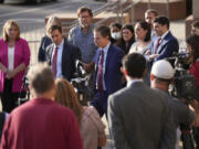 FILE - The lawyers representing the families of the victims of the shooting at Sandy Hook Elementary speak to the media in Waterbury, Conn, Oct. 12, 2022. A U.S. bankruptcy court trustee is planning to shut down conspiracy theorist Alex Jones&#039; Infowars media platform and liquidate its assets to help pay the $1.5 billion in lawsuit judgments Jones owes for repeatedly calling the 2012 Sandy Hook Elementary School shooting a hoax.