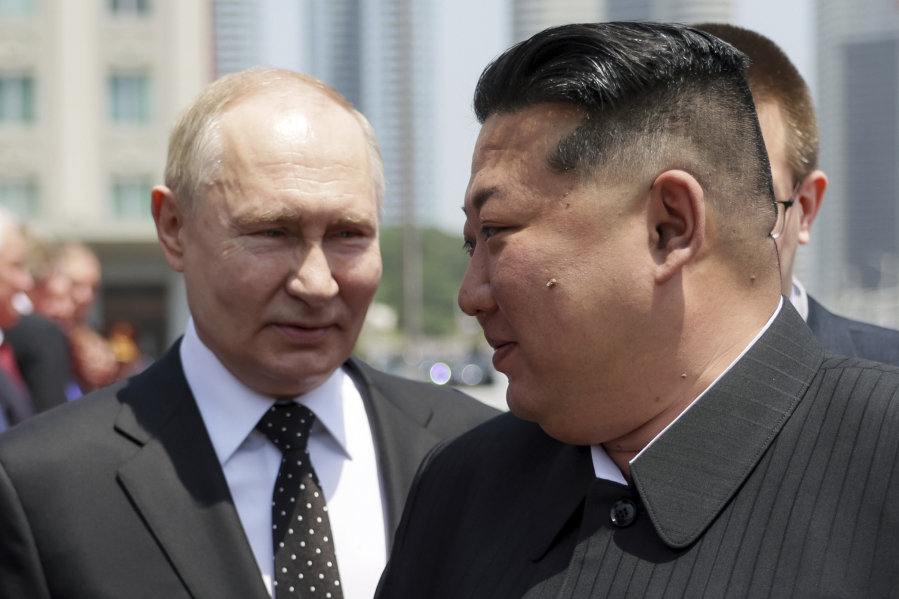 Russian President Vladimir Putin, left, and North Korea&#039;s leader Kim Jong Un attend the official welcome ceremony in the Kim Il Sung Square in Pyongyang, North Korea, on Wednesday, June 19, 2024.