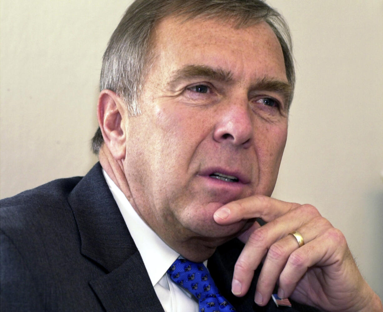 FILE - Rep. George Nethercutt, R-Wash., pauses while speaking in Olympia, Wash., Feb. 3, 2003. Nethercutt, who was a Spokane lawyer with little political experience when he ousted Democratic Speaker of the House Tom Foley as part of a stunning GOP wave that shifted national politics to the right in 1994, died Friday, June 14, 2024, near Denver. He was 79.