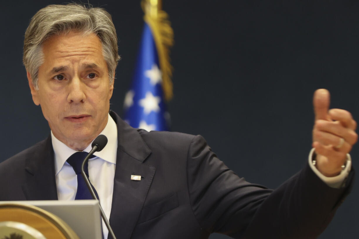 US Secretary of State Antony Blinken speaks at a joint press conference with the Qatari Prime Minister Sheikh Mohammed Bin Abdulrahman al-Thani in Doha, Qatar, Wednesday, June 12, 2024.