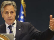 US Secretary of State Antony Blinken speaks at a joint press conference with the Qatari Prime Minister Sheikh Mohammed Bin Abdulrahman al-Thani in Doha, Qatar, Wednesday, June 12, 2024.