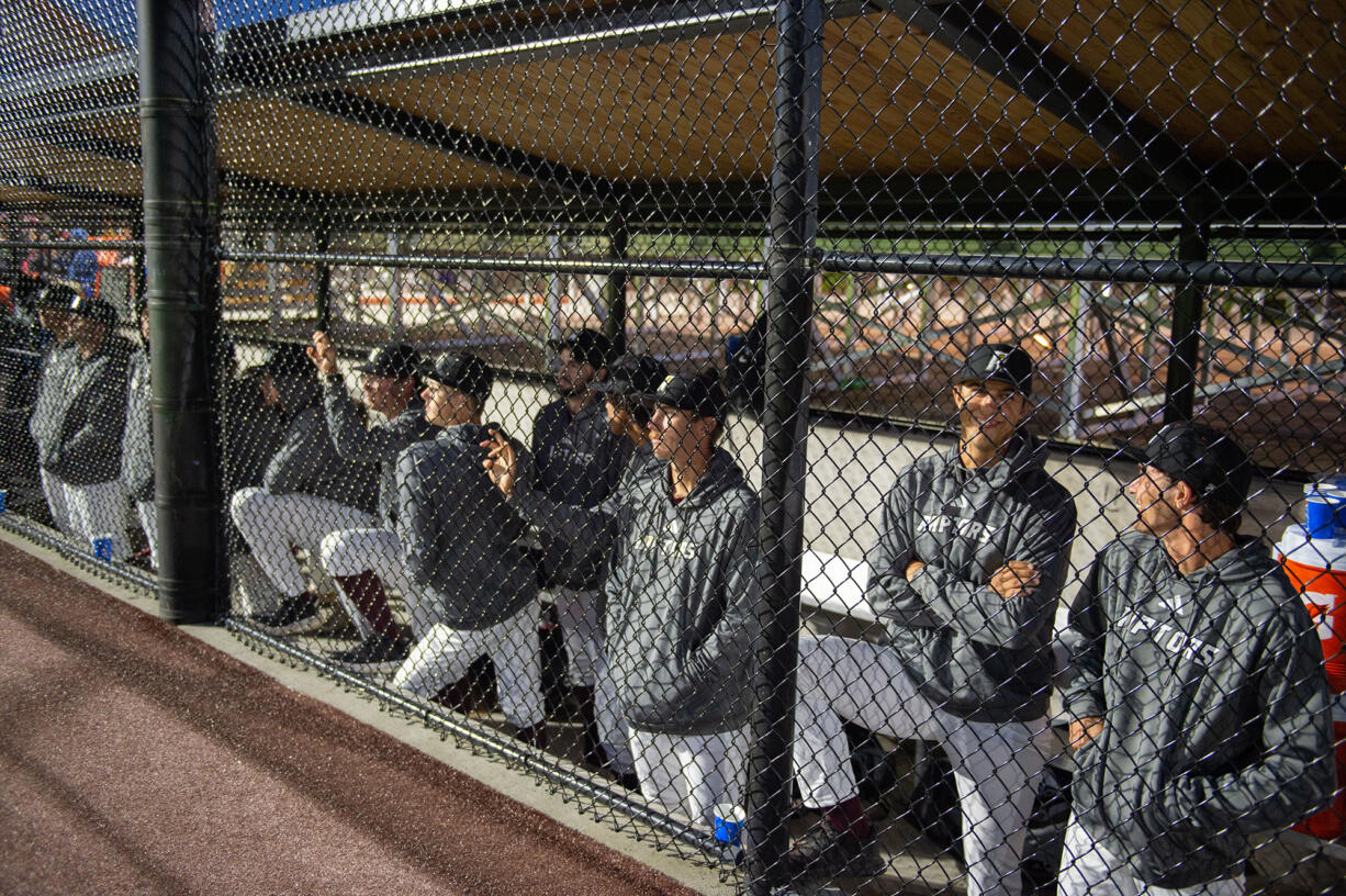 The Ridgefield Raptors in the dugout watch the exhibition game against the Cowlitz Black Bears on Thursday, May 30, 2024, at the Raptors home field.