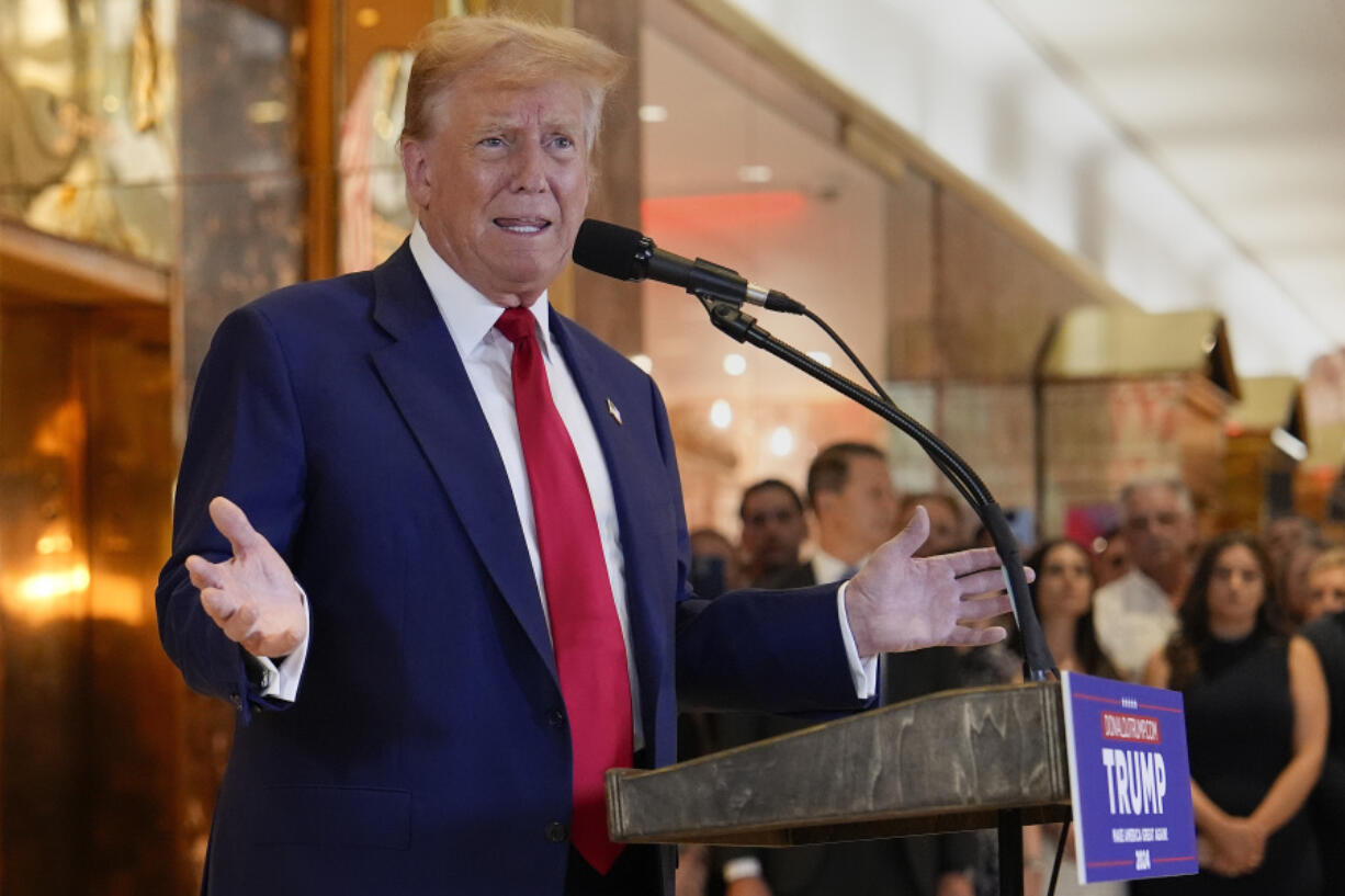 FILE - Former President Donald Trump speaks during a news conference at Trump Tower, Friday, May 31, 2024, in New York. As Trump attacked the U.S. criminal justice system following his guilty verdict, analysts say that his allegations could be useful to Russian President Vladimir Putin and other autocrats.