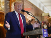 FILE - Former President Donald Trump speaks during a news conference at Trump Tower, Friday, May 31, 2024, in New York. As Trump attacked the U.S. criminal justice system following his guilty verdict, analysts say that his allegations could be useful to Russian President Vladimir Putin and other autocrats.