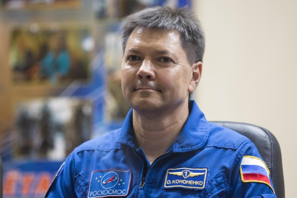 FILE _ Russian cosmonaut Oleg Kononenko, a crew member of the next mission to the International Space Station, attends a news conference at the Russian leased Baikonur Cosmodrome, in Kazakhstan, on July 21, 2015. The 59-year-old Russian cosmonaut has become the first person to spend 1000 days in space, Russian space agency Roscosmos said Wednesday, June 5, 2024. Kononenko achieved the milestone on Tuesday, having made five journeys to the International Space Station dating back to 2008.